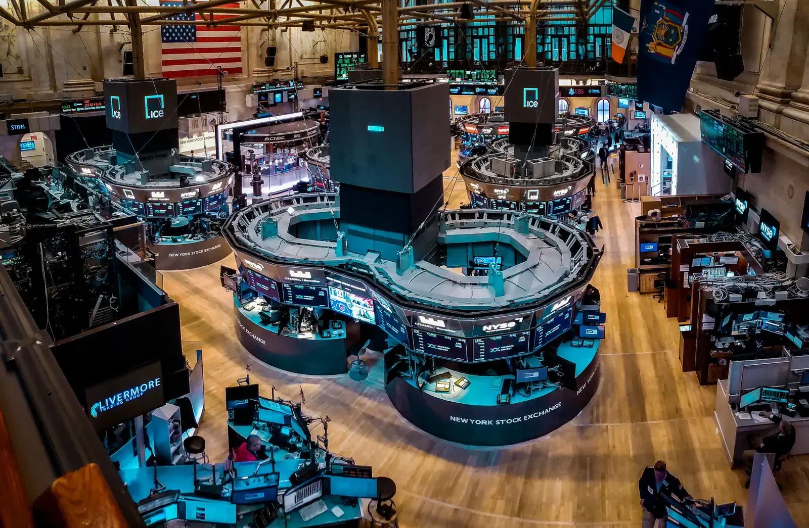 The New York Stock Exchange in 2022, as seen from a vantage point inside the main trading hall.